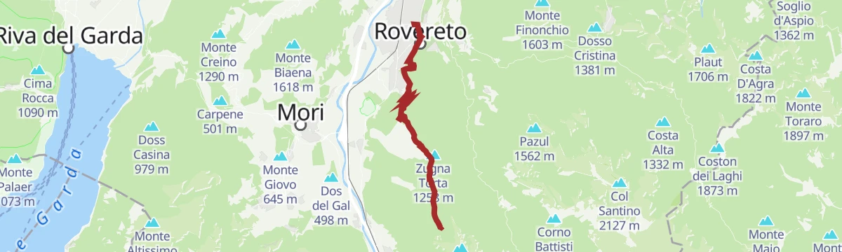 Route map: Sentiero della Pace 16: Rovereto to Rifugio Coni Zugna